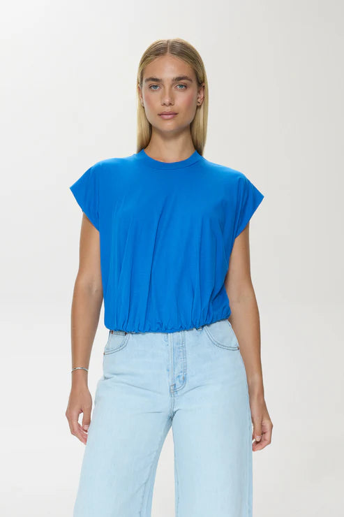 Front view of blue bubble silhouette cotton T-shirt