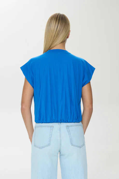 Back view of blue textured cotton bubble T-shirt