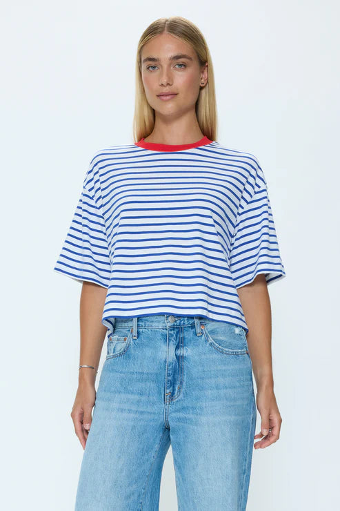 Casual blue and white striped T-shirt with relaxed fit and red collar
