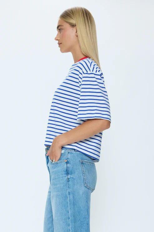 Side view of blue and white striped T-shirt with relaxed fit