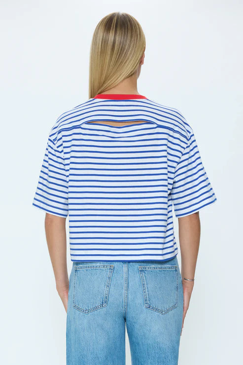 Back view of blue and white striped cropped T-shirt with red neckline