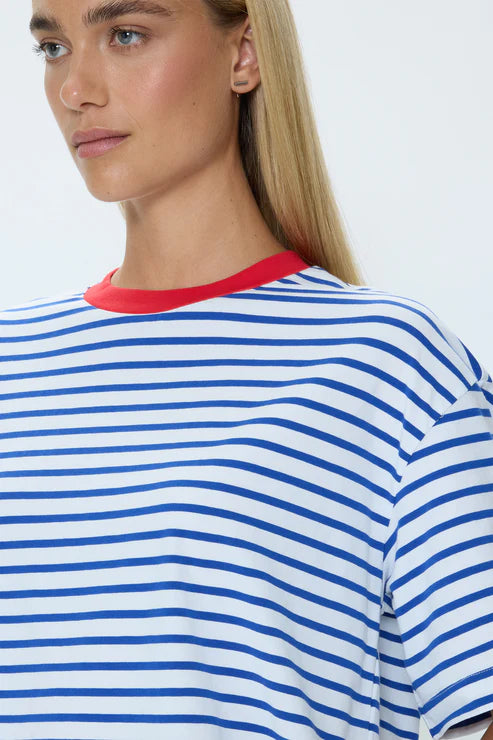 Blue and white striped cropped T-shirt with red neckline detail