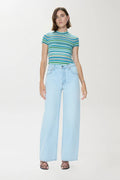 Blue green striped short sleeve sweater tee with relaxed fit