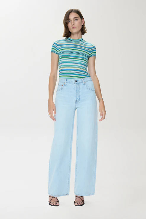 Blue green striped short sleeve sweater tee with relaxed fit