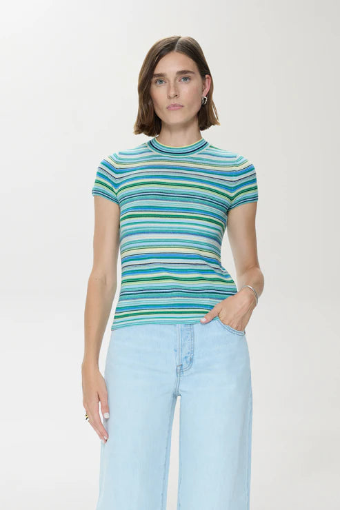 Blue green striped short sleeve sweater tee with relaxed fit