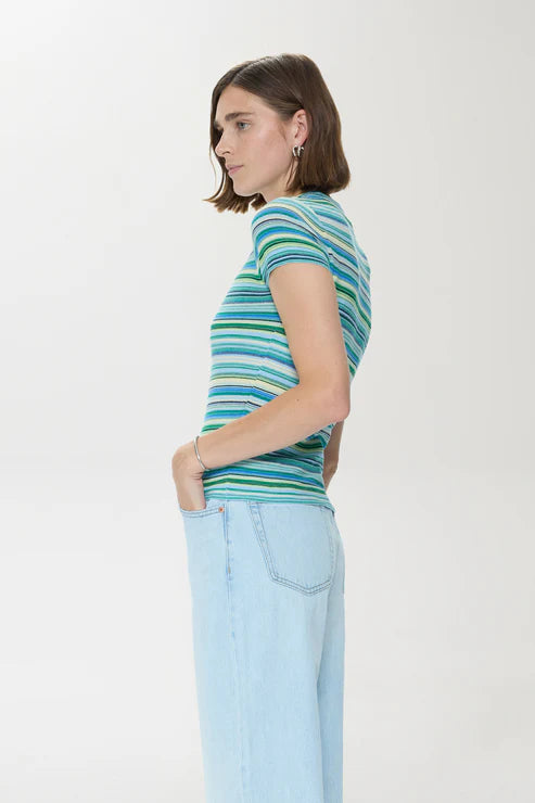 Blue green striped short sleeve sweater tee with relaxed fit