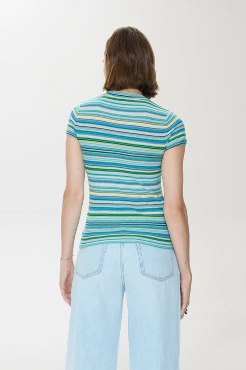 Back view of blue green striped short sleeve sweater tee with relaxed fit