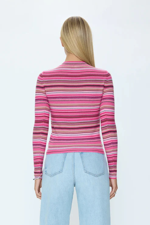 Back view of pink brown striped long sleeve sweater