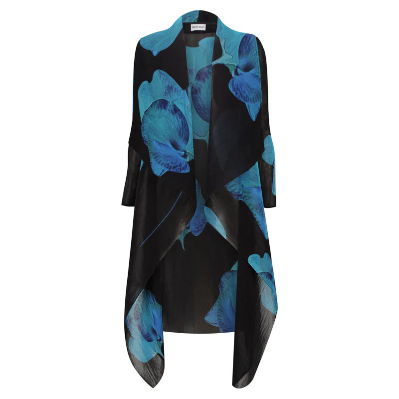 Blue floral print coat with draped open front