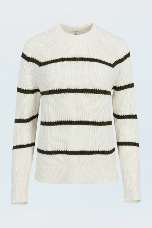 Front view of white knit sweater with black horizontal stripes, casual women's top