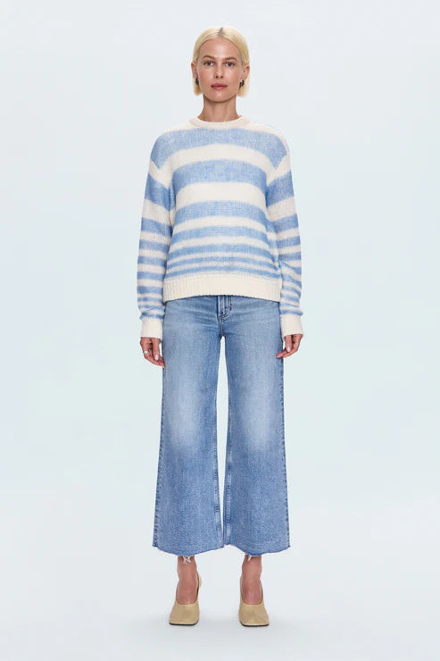 Blue and white striped knit sweater with relaxed fit