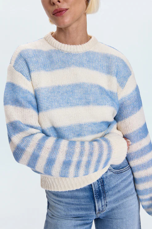 Blue and white striped knit sweater with crewneck