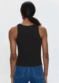 Rear view of black curved hem tank top with sleeveless style
