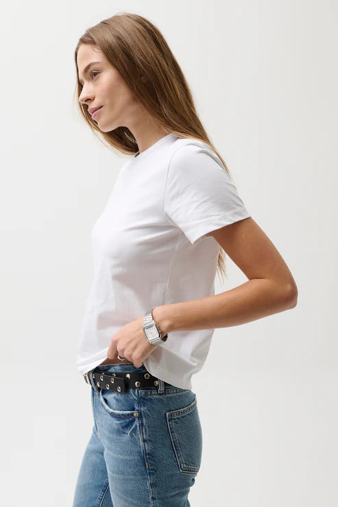 Back view of white cotton T-shirt with simple design