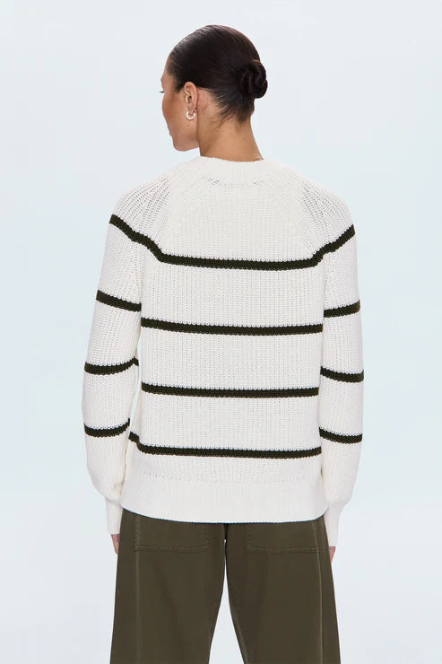 Back view of white striped crewneck sweater with black lines, women's knitwear