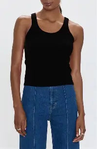 Close-up of black curved hem tank top on model